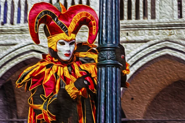 Festeiro Carnaval Vestindo Trajes Coloridos Sofisticados Com Máscara Lado Poste — Fotografia de Stock