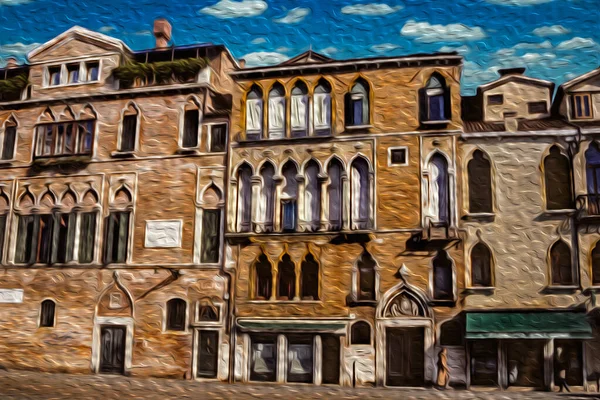 Stone old buildings with windows and arched columns in typical Venetian style, on a sunny street of Venice. The historic and amazing marine city in northern Italy. Oil paint filter.