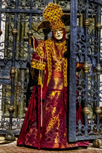 ヴェネツィアのカーニバルで鉄の門の横にカラフルで洗練された衣装とマスクを身に着けているカーニバルの啓示者 北イタリアの歴史的で素晴らしい海洋都市 油絵具フィルター — ストック写真