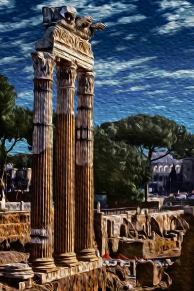 罗马论坛的柱子和废墟 是罗马的考古遗址和巨大的旅游景点 意大利中部一个令人难以置信的古代城市 被称为 永恒之城 油漆过滤器 — 图库照片