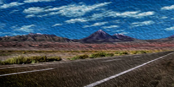 Straße Durch Wüstenlandschaft Mit Gipfeln Und Vulkanen Horizont Der Nähe — Stockfoto