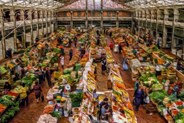 Lizbon 'da meyve ve sebze satan bir market. Bu büyüleyici şehir Portekiz 'in başkenti ve en büyük şehridir. Yağlı boya filtresi.