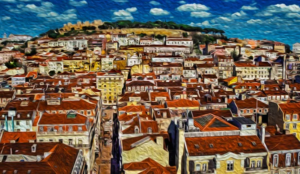 View of buildings and rooftops at the historic center of Lisbon with the Castle of Sao Jorge in the background. This charming city is the capital and the largest of Portugal. Oil paint filter.