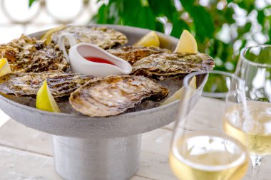 Buz ve beyaz şaraplı taze istiridye. Deniz ürünleri. Beyaz arkaplan