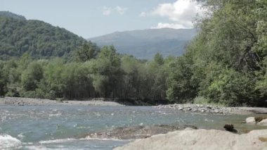 Vahşi dağ nehri. Arka planda tepeler ve dağlar var..