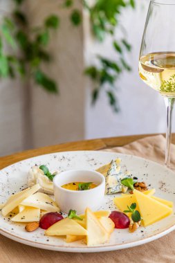 Peynir tabağı. Çeşitli peynirlerle dolu bir tabak. Atıştırmalıklar Peynirli bir bardak şarap..