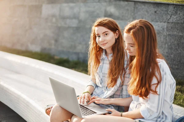 Gemelos iniciando proyecto empresarial. Retrato de stundents femeninos relajados y lindos con pelo de jengibre y pecas, sentado en la plaza de la ciudad, trabajando con el ordenador portátil, buscando información sobre cafés cercanos — Foto de Stock