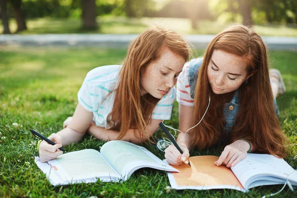 I am tired, write homework instead of me. Portrait of bored younger sister with ginger hair and freckles leaning on sibling shoulder while lying together on grass and writing essays, helping to study.