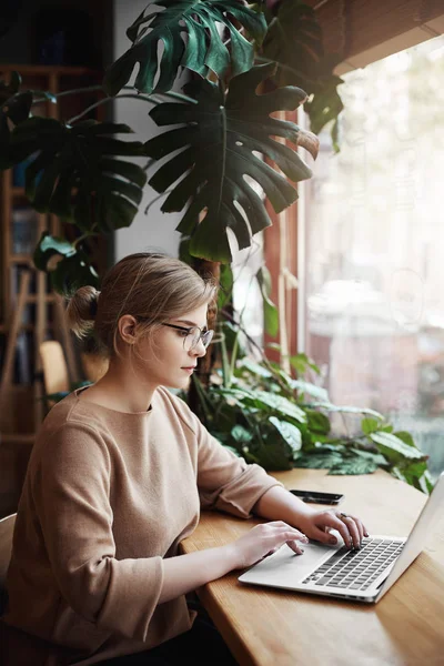 Verticale schot van knappe stedelijke zakenvrouw in beige trui en bril, werken in de buurt van venster met laptop, staren serieus scherm terwijl het verzamelen van gegevens voor bedrijf project, hard studeren — Stockfoto