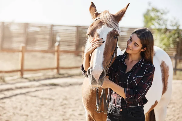 Mulher caucasiana encantadora em camisa marcada, abraçando cavalo, cavaleira adorar seu animal de estimação, sorrindo suavemente, aliciando animal como estando na fazenda perto de cerca de madeira na parte da manhã. Menina quer se tornar cavaleiro — Fotografia de Stock