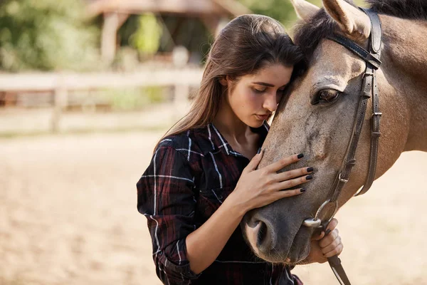 Close-up tender attractive caucasian brunette woman hugging brown horse, petting its nose, close eyes lean and touching animal foretop, enjoy spend time on farm in meadow, owner lead it to stable Stock Image