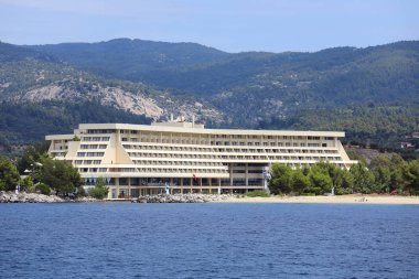 Sithonia, Yunanistan-Haziran 14, 2018: Porto Carras Meliton deniz görünümü