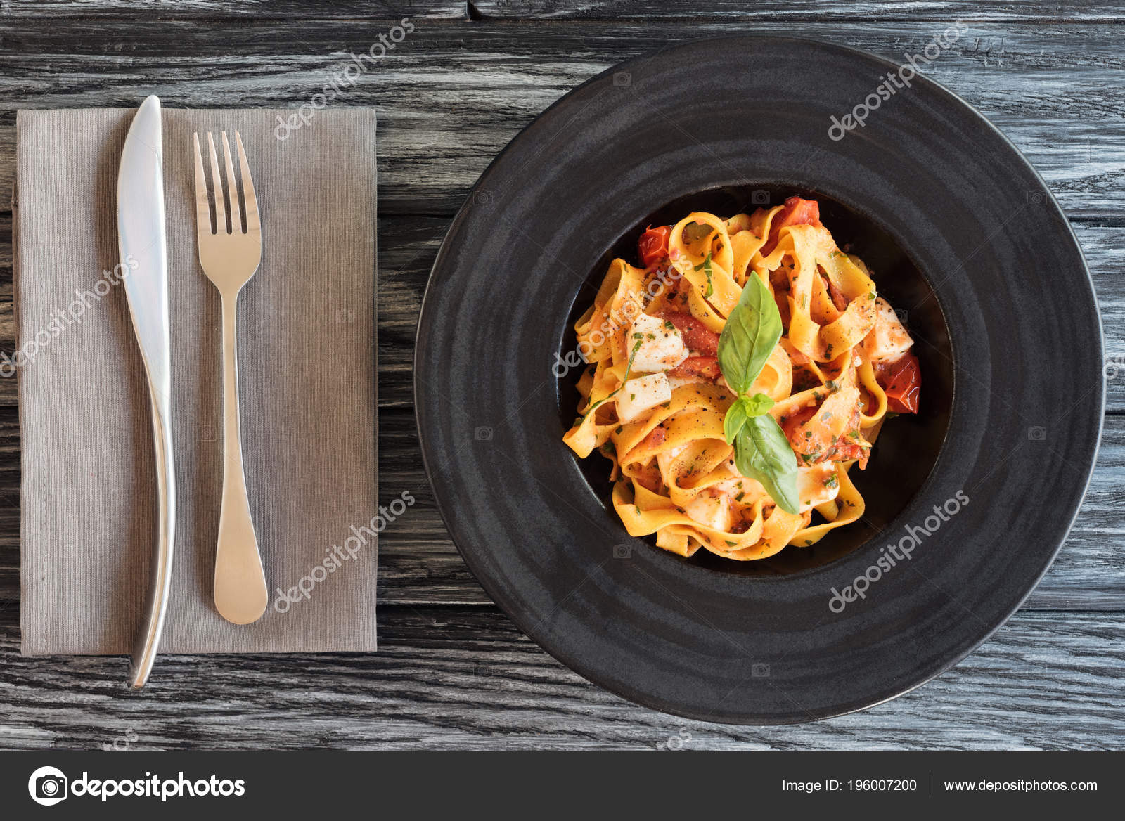 Top View Delicious Italian Pasta Fork Knife Wooden Table Stock Top View Delicious Italian Pasta Fork Knife Wooden Table Stock Photo