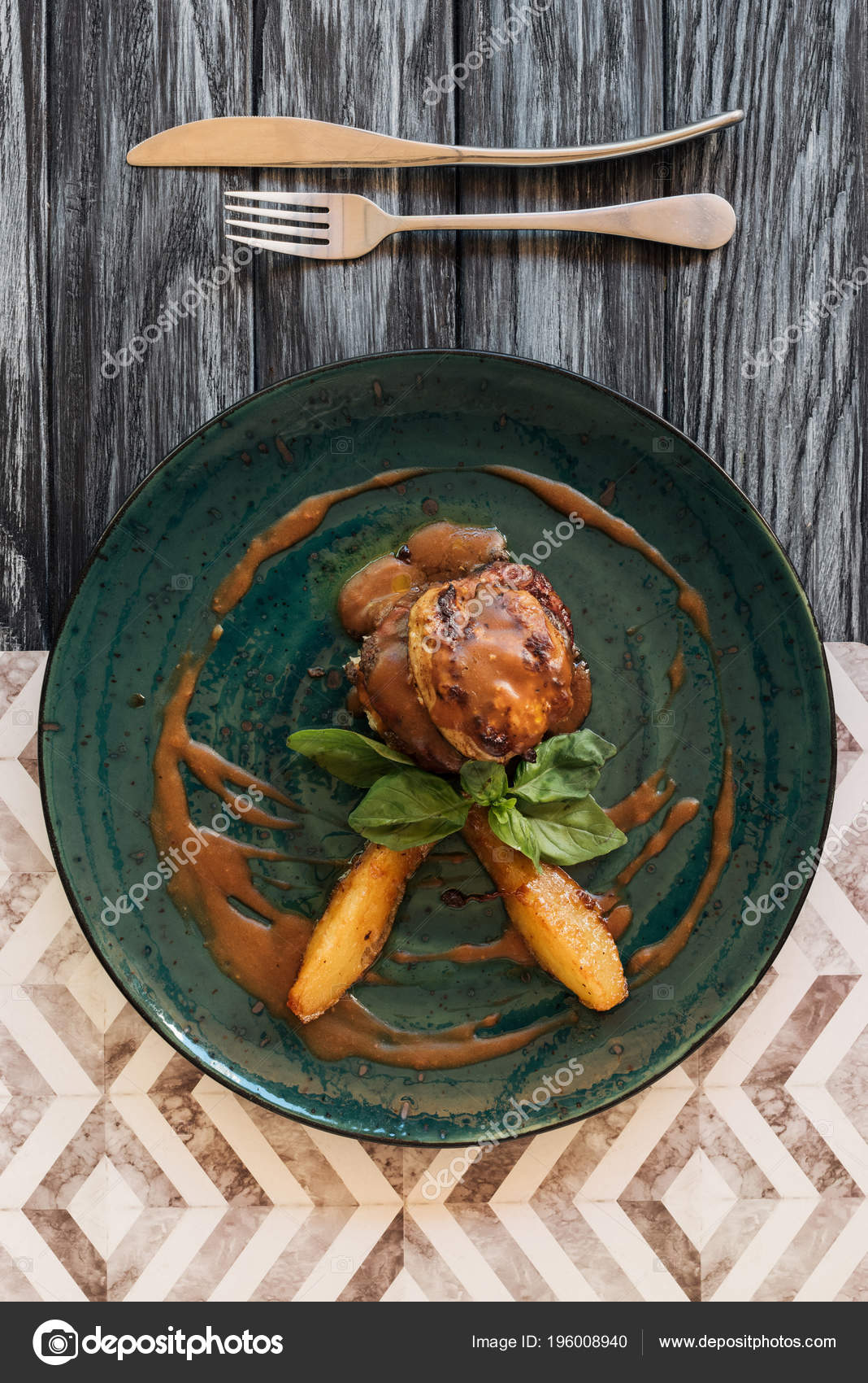 Delicious Meat Sauce Basil Leaves Fork Knife Wooden Table — Stock Photo