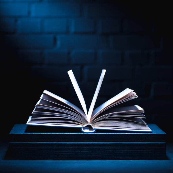 open book on dark surface with light on pages