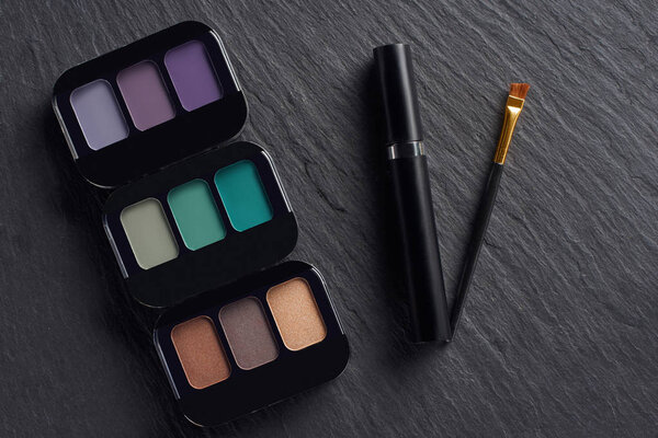 Макияж палитры с тушью и кистью на темном фоне с чистого листа
