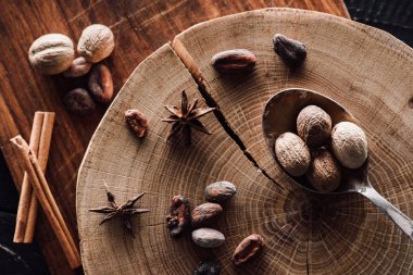kesme tahtası, kakao çekirdekleri, kaşık, anason, tarçın ve nutmegs yükseltilmiş görünümünü ahşap masa üzerinde