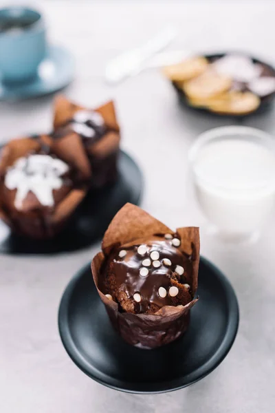 Sweet Chocolate Muffins Glass Milk Table — Free Stock Photo