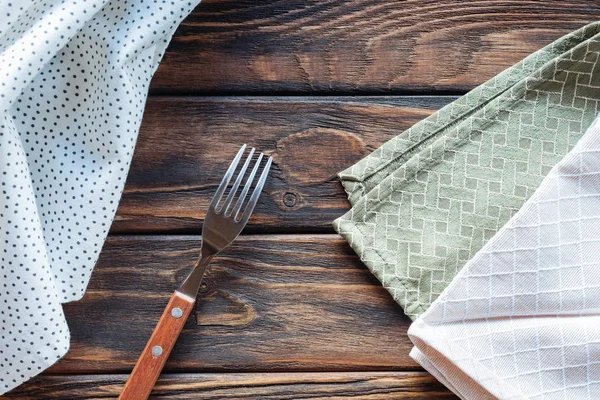 Top View Linen Fork Wooden Surface — Stock Photo, Image