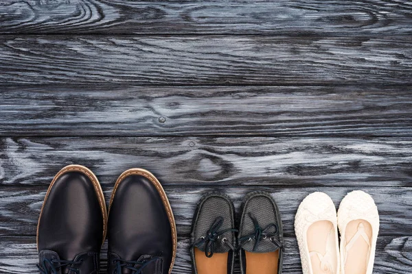 Top View Father Kids Leather Shoes Wooden Surface Happy Fathers — Stock Photo, Image