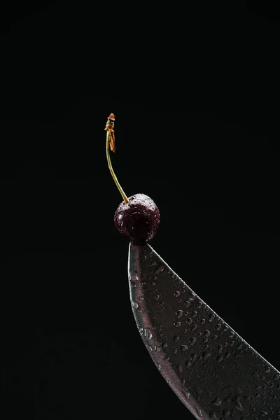 Close View Single Ripe Sweet Cherry Knife Isolated Black — Free Stock Photo