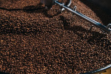 Roasting coffee beans in industrial coffee roaster clipart
