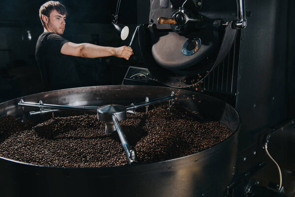 Professional male roaster working with industrial roasting machine