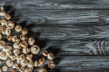 ahşap yüzeyde champignon mantar üstten görünüm