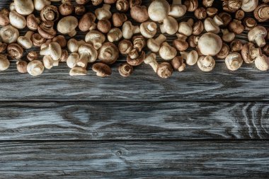 ahşap yüzey üzerinde çeşitli ham champignon mantar üstten görünüm
