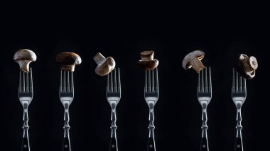 row of champignon mushrooms on forks isolated on black clipart