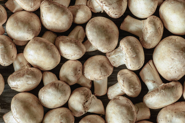 full frame shot of raw white champignon mushrooms on wooden surface