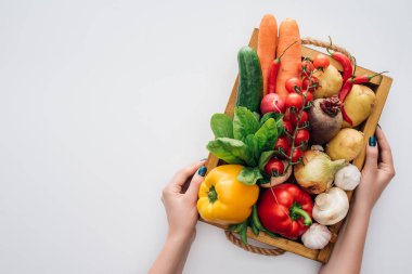 cropped shot of person holding box with fresh ripe organic vegetables isolated on white  clipart