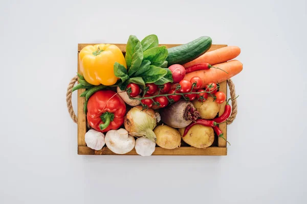 Top View Box Fresh Organic Vegetables Isolated White — Stock Photo, Image