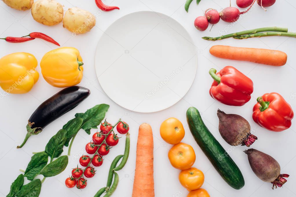top view of empty round plate and fresh organic vegetables isolated on white  