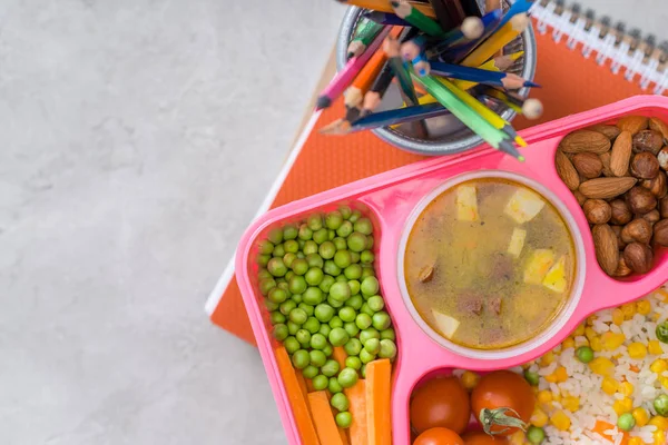 Top View Tray Kids Lunch School Colored Pencils Table — Stock Photo, Image