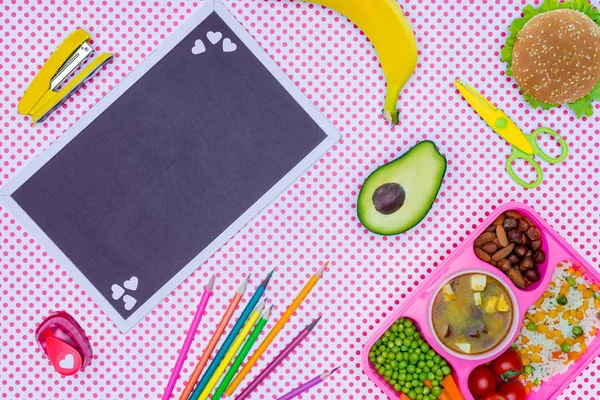 Top view of blackboard and tray with kids lunch for school on surface — Stock Image Top View Blackboard Tray Kids Lunch School Surface Stock Image