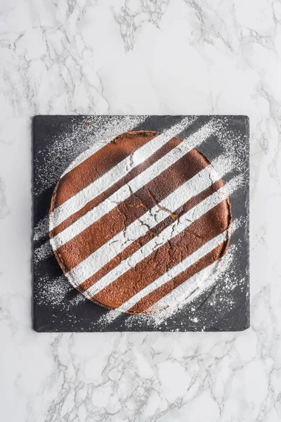 Top View Delicious Homemade Cake Icing Slate Board Marble Surface — Stock Photo, Image