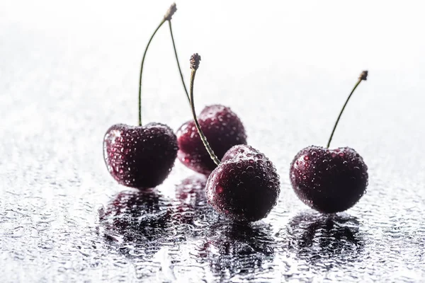 Close View Red Ripe Cherries Water Drops Wet Surface — Stock Photo, Image