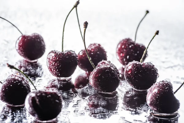 Red Ripe Cherries Water Drops Wet Surface — Stock Photo, Image