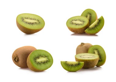close up view of arranged fresh kiwi fruits isolated on white clipart