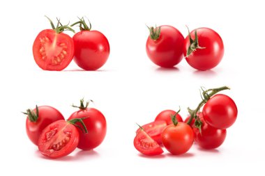 close up view of arranged cherry tomatoes isolated on white clipart