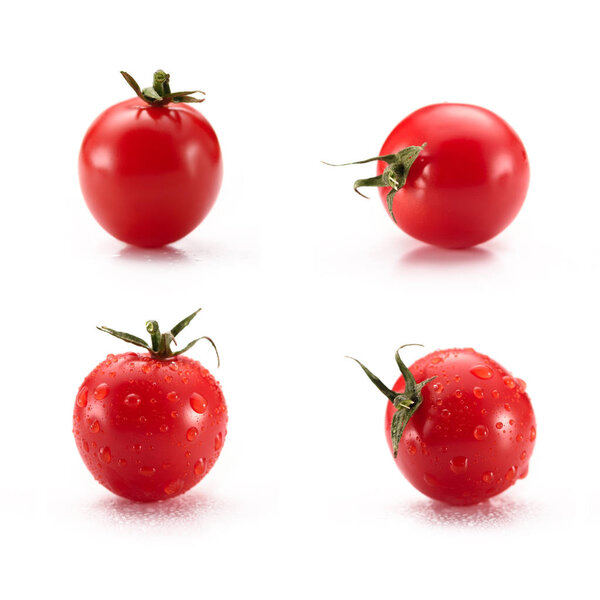 close up view of arranged cherry tomatoes isolated on white