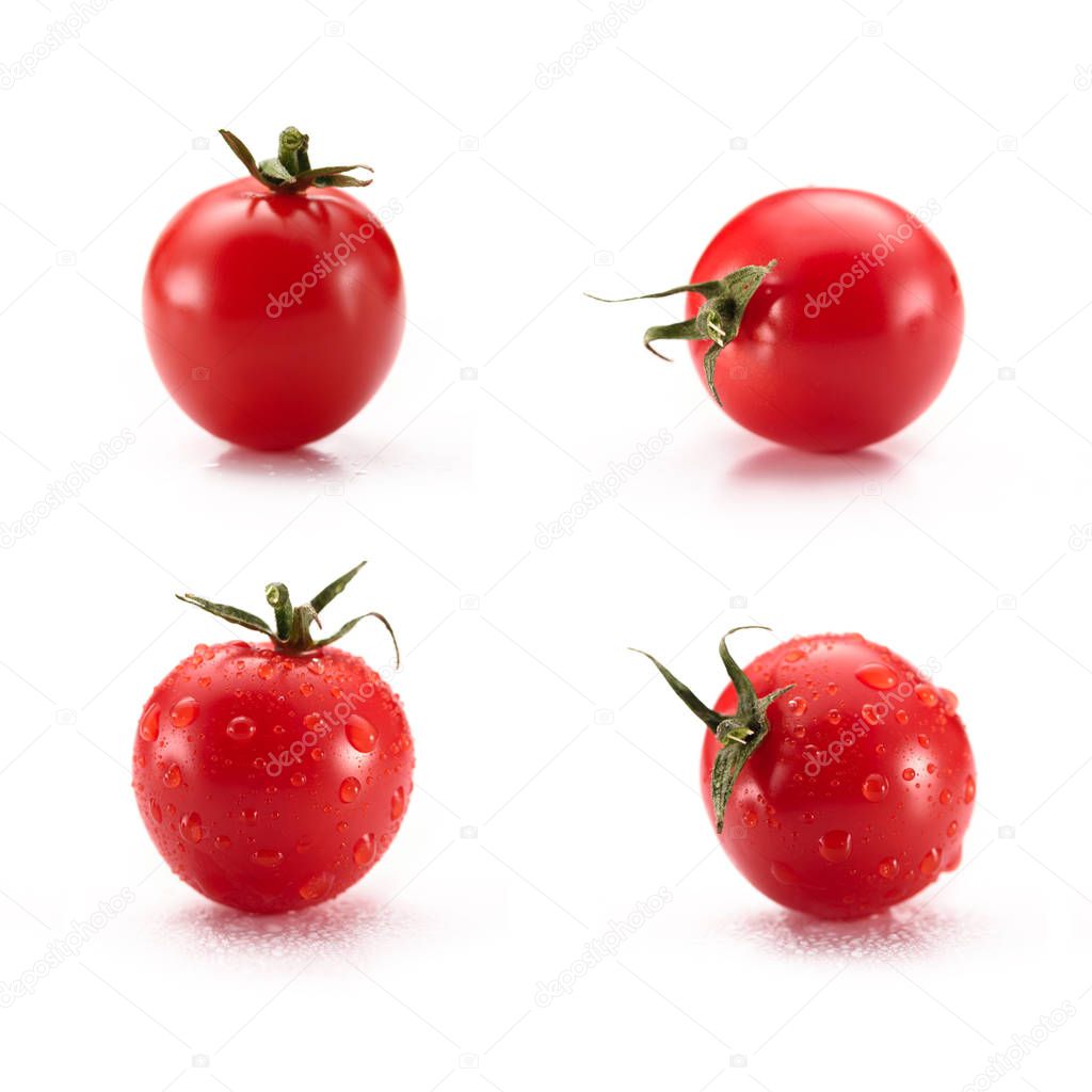 close up view of arranged cherry tomatoes isolated on white