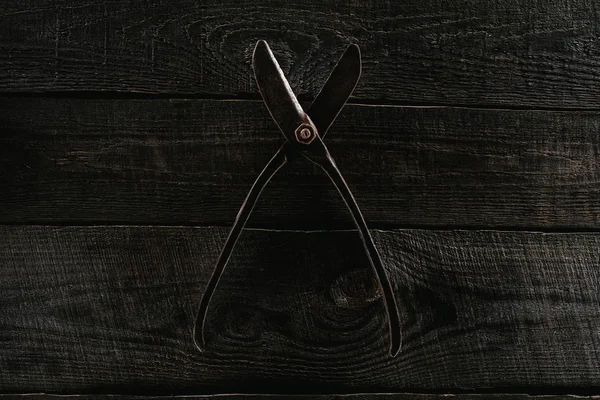 Top View Retro Scissors Wooden Tabletop Background — Free Stock Photo