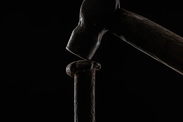 Close View Vintage Hammer Nail Isolated Black — Stock Photo, Image