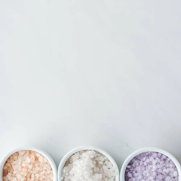 Top View Colorful Sea Salt Bowls White Background — Stock Photo, Image