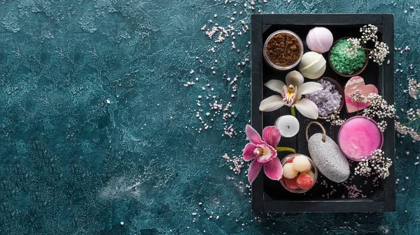 Top View Sea Salt Organic Spa Accessories Box — Stock Photo, Image