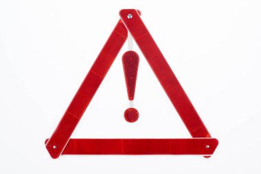 top view of red warning triangle road sign isolated on white clipart