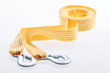 close up view of yellow car tow rope isolated on white clipart