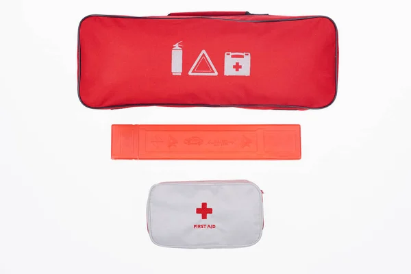 Top View Red Automotive Handbag First Aid Kit Isolated White — Free Stock Photo